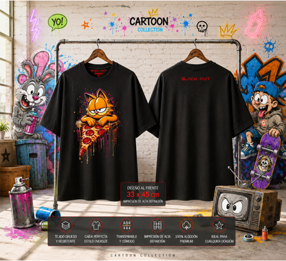 Playera Overside 260gr BLACK OUT Colección Cartoon GARFIELD PIZZA