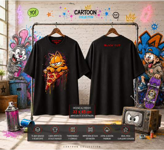 Playera Overside 260gr BLACK OUT Colección Cartoon GARFIELD PIZZA