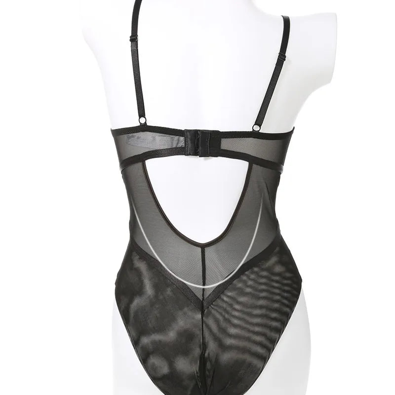 Body francés para mujer, conjunto de sujetador de realce de encaje Sexy, vendaje clásico de malla transparente, ropa interior ajustada, monos calados tentación