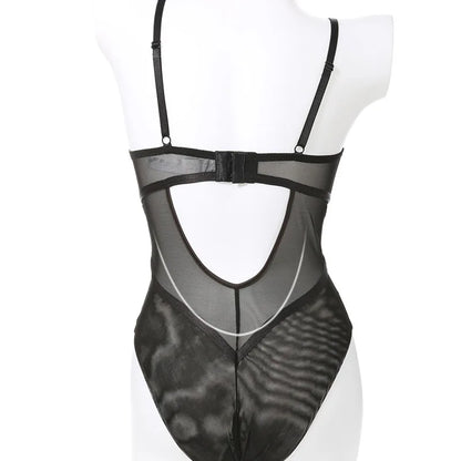 Body francés para mujer, conjunto de sujetador de realce de encaje Sexy, vendaje clásico de malla transparente, ropa interior ajustada, monos calados tentación