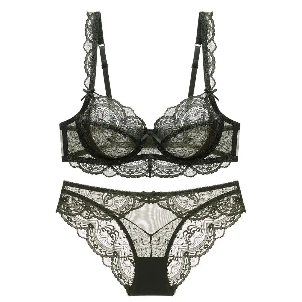 Nuevo conjunto de sujetador de copa B C D E de talla grande, ropa interior Sexy de encaje ultrafina para mujer, sujetadores y bragas transparentes de verano, lencería 85E 90C 95D