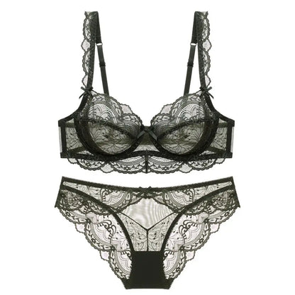 Nuevo conjunto de sujetador de copa B C D E de talla grande, ropa interior Sexy de encaje ultrafina para mujer, sujetadores y bragas transparentes de verano, lencería 85E 90C 95D