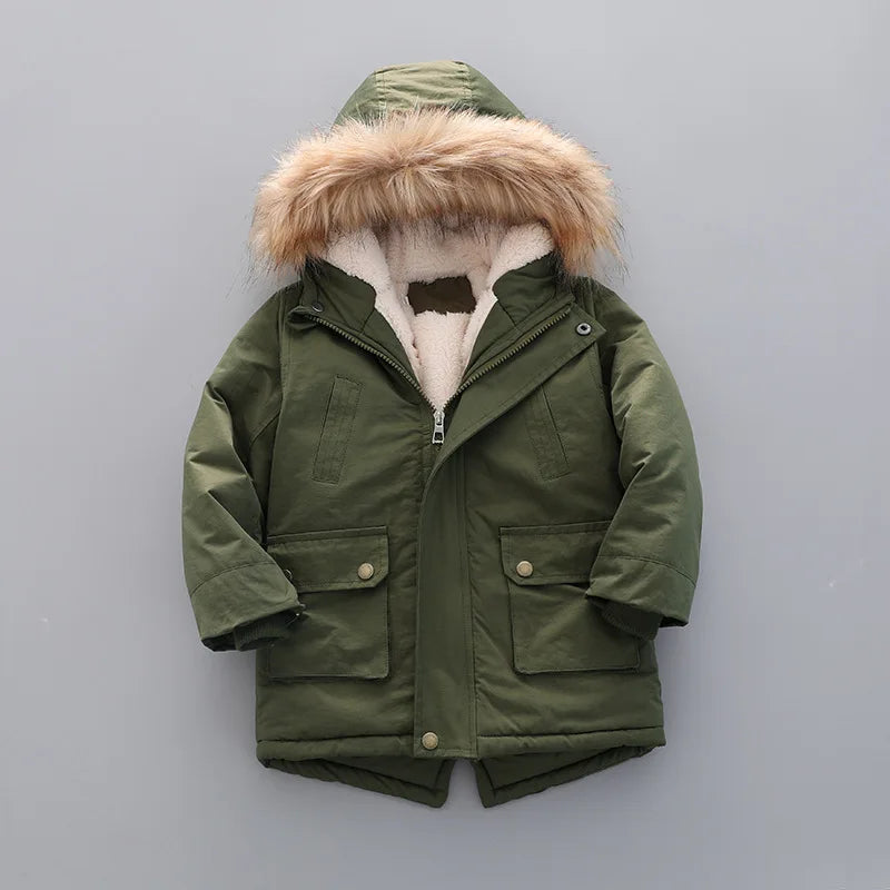 2 3 4 5 6 7 Years Winter Boys Jacket Fur Collar Keep Warm Thicken Windbreaks Coat Hooded Zipper Boys Outerwear New Kids Clothes