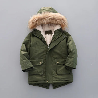 2 3 4 5 6 7 Years Winter Boys Jacket Fur Collar Keep Warm Thicken Windbreaks Coat Hooded Zipper Boys Outerwear New Kids Clothes