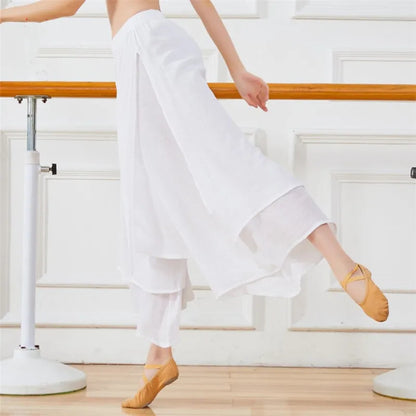 Pantalones de baile clásico de danza folclórica china para mujer, pantalón de pierna ancha suelto, ropa de baile de rima de cuerpo de Hada de 2 capas, abertura lateral, talla grande
