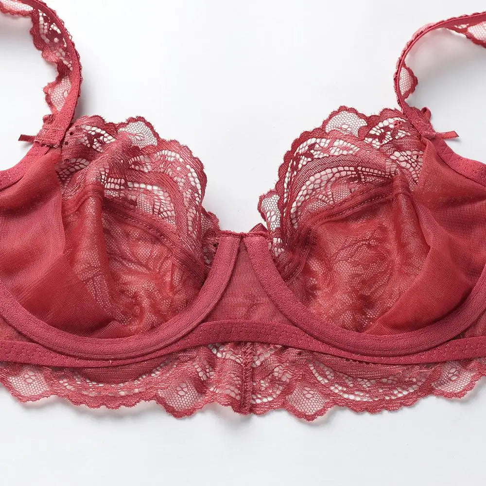 Nuevo conjunto de sujetador de copa B C D E de talla grande, ropa interior Sexy de encaje ultrafina para mujer, sujetadores y bragas transparentes de verano, lencería 85E 90C 95D