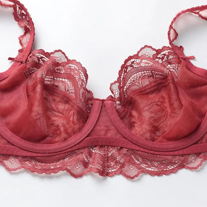 Nuevo conjunto de sujetador de copa B C D E de talla grande, ropa interior Sexy de encaje ultrafina para mujer, sujetadores y bragas transparentes de verano, lencería 85E 90C 95D