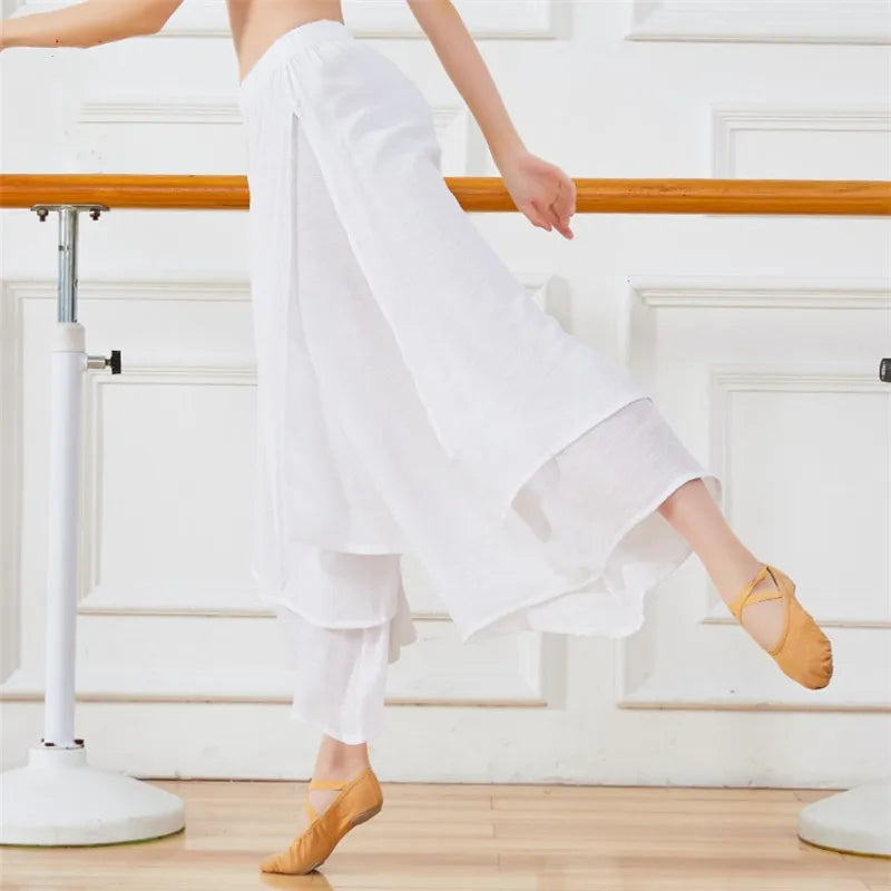 Pantalones de baile clásico de danza folclórica china para mujer, pantalón de pierna ancha suelto, ropa de baile de rima de cuerpo de Hada de 2 capas, abertura lateral, talla grande