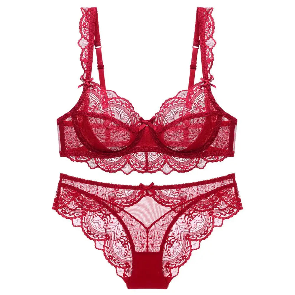 Nuevo conjunto de sujetador de copa B C D E de talla grande, ropa interior Sexy de encaje ultrafina para mujer, sujetadores y bragas transparentes de verano, lencería 85E 90C 95D