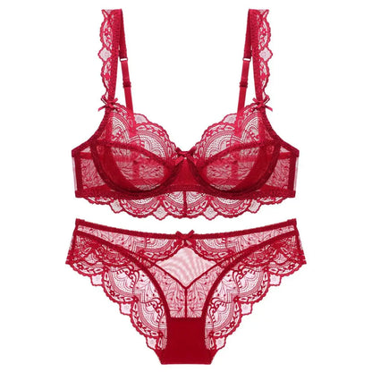 Nuevo conjunto de sujetador de copa B C D E de talla grande, ropa interior Sexy de encaje ultrafina para mujer, sujetadores y bragas transparentes de verano, lencería 85E 90C 95D