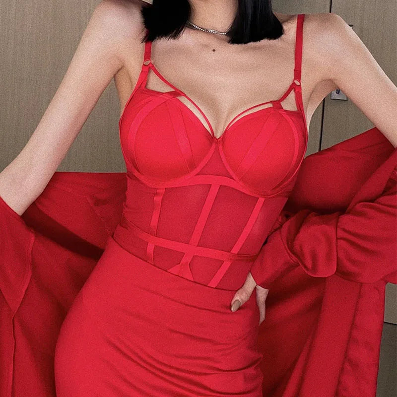 Body francés para mujer, conjunto de sujetador de realce de encaje Sexy, vendaje clásico de malla transparente, ropa interior ajustada, monos calados tentación
