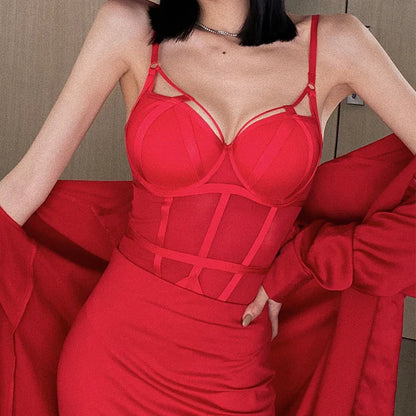 Body francés para mujer, conjunto de sujetador de realce de encaje Sexy, vendaje clásico de malla transparente, ropa interior ajustada, monos calados tentación