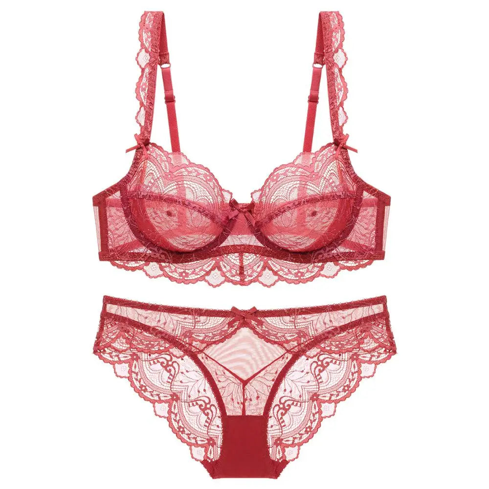 Nuevo conjunto de sujetador de copa B C D E de talla grande, ropa interior Sexy de encaje ultrafina para mujer, sujetadores y bragas transparentes de verano, lencería 85E 90C 95D