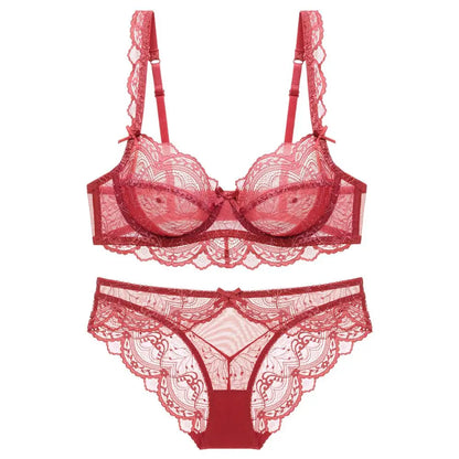 Nuevo conjunto de sujetador de copa B C D E de talla grande, ropa interior Sexy de encaje ultrafina para mujer, sujetadores y bragas transparentes de verano, lencería 85E 90C 95D