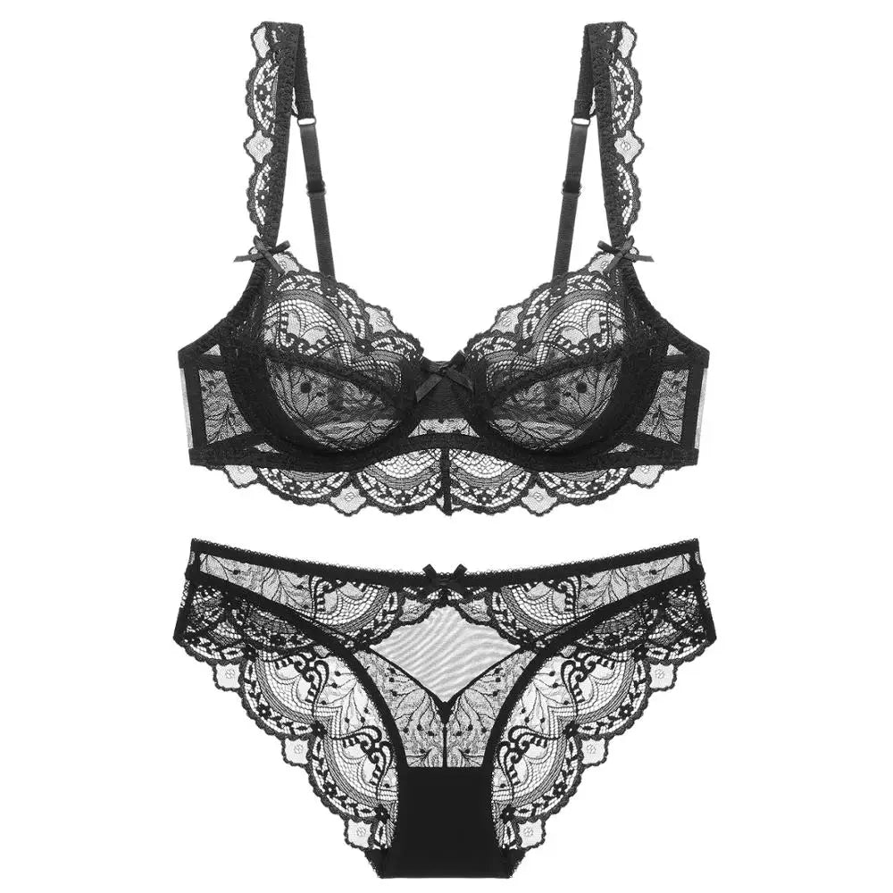 Nuevo conjunto de sujetador de copa B C D E de talla grande, ropa interior Sexy de encaje ultrafina para mujer, sujetadores y bragas transparentes de verano, lencería 85E 90C 95D