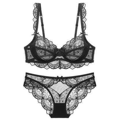 Nuevo conjunto de sujetador de copa B C D E de talla grande, ropa interior Sexy de encaje ultrafina para mujer, sujetadores y bragas transparentes de verano, lencería 85E 90C 95D