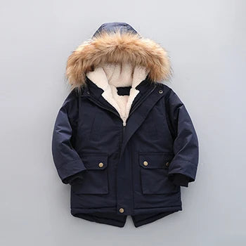 2 3 4 5 6 7 Years Winter Boys Jacket Fur Collar Keep Warm Thicken Windbreaks Coat Hooded Zipper Boys Outerwear New Kids Clothes