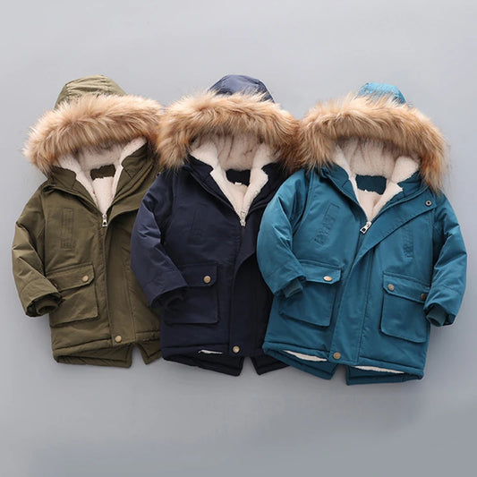 2 3 4 5 6 7 Years Winter Boys Jacket Fur Collar Keep Warm Thicken Windbreaks Coat Hooded Zipper Boys Outerwear New Kids Clothes