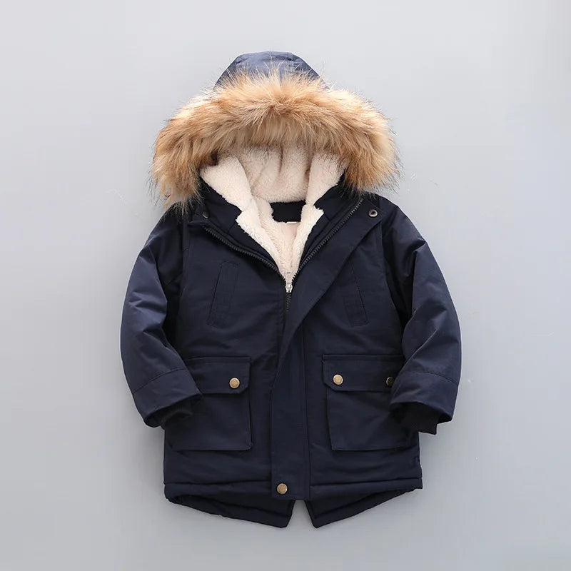 2 3 4 5 6 7 Years Winter Boys Jacket Fur Collar Keep Warm Thicken Windbreaks Coat Hooded Zipper Boys Outerwear New Kids Clothes