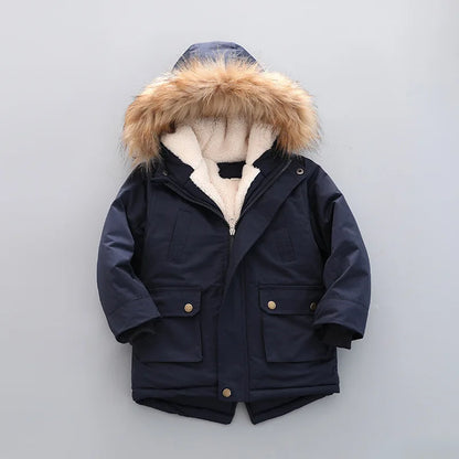2 3 4 5 6 7 Years Winter Boys Jacket Fur Collar Keep Warm Thicken Windbreaks Coat Hooded Zipper Boys Outerwear New Kids Clothes