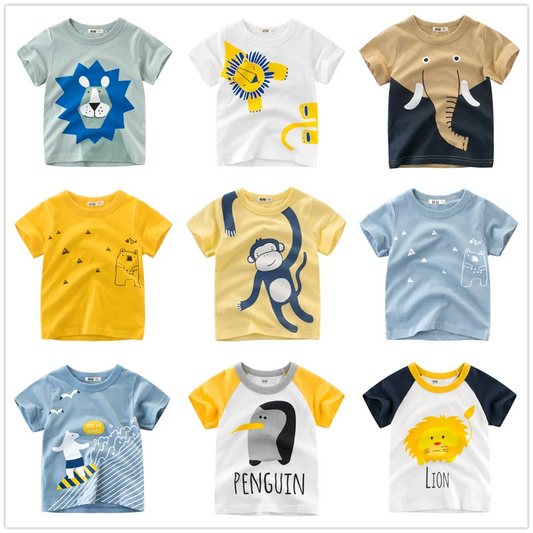 Ropa de verano para niños, algodón 2024, camisetas de manga corta con dibujos de animales, Tops de verano, 100%
