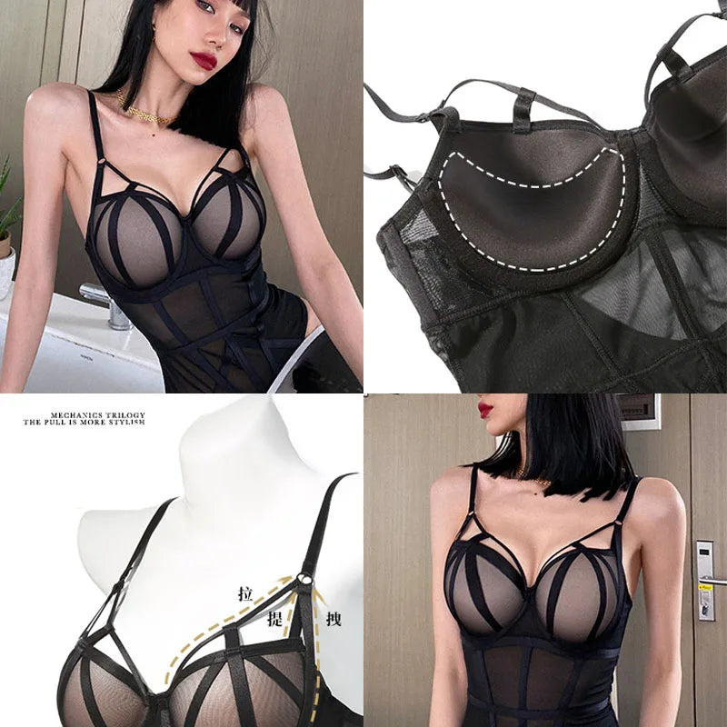 Body francés para mujer, conjunto de sujetador de realce de encaje Sexy, vendaje clásico de malla transparente, ropa interior ajustada, monos calados tentación