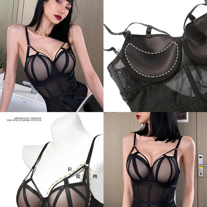 Body francés para mujer, conjunto de sujetador de realce de encaje Sexy, vendaje clásico de malla transparente, ropa interior ajustada, monos calados tentación
