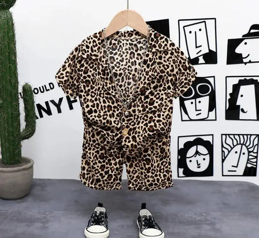 Children Cotton Out Clothes Summer Baby Boys Leopard Print causal Shirt Shorts 2Pcs/sets Infant Kids Fashion Toddler Tracksuits