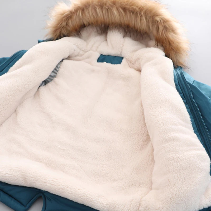 2 3 4 5 6 7 Years Winter Boys Jacket Fur Collar Keep Warm Thicken Windbreaks Coat Hooded Zipper Boys Outerwear New Kids Clothes