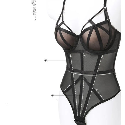 Body francés para mujer, conjunto de sujetador de realce de encaje Sexy, vendaje clásico de malla transparente, ropa interior ajustada, monos calados tentación
