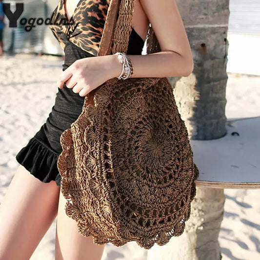 Bolsos de paja bohemios para mujer, bolsos circulares de playa, bolsos de hombro de ratán de verano, bolsos grandes de viaje tejidos a mano, nuevo