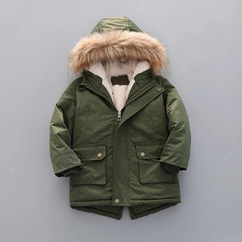 2 3 4 5 6 7 Years Winter Boys Jacket Fur Collar Keep Warm Thicken Windbreaks Coat Hooded Zipper Boys Outerwear New Kids Clothes