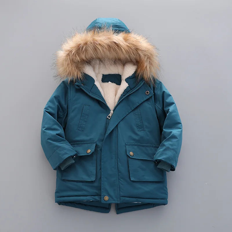 2 3 4 5 6 7 Years Winter Boys Jacket Fur Collar Keep Warm Thicken Windbreaks Coat Hooded Zipper Boys Outerwear New Kids Clothes