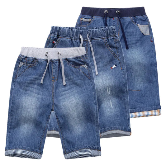 DWQ101-pantalones cortos de mezclilla para niños, Shorts con estampado bordado de celosía, diseño de marca, ropa de verano para niños de 2 a 14 años, 2024