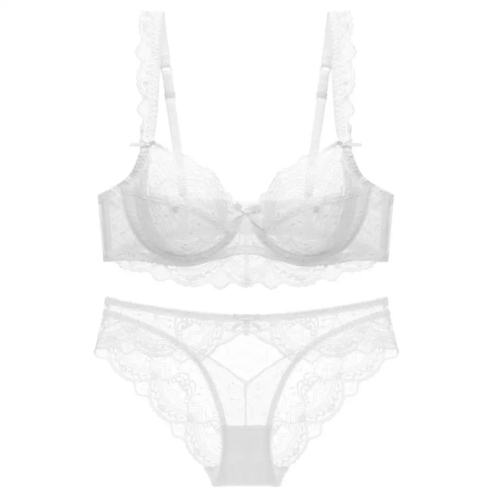 Nuevo conjunto de sujetador de copa B C D E de talla grande, ropa interior Sexy de encaje ultrafina para mujer, sujetadores y bragas transparentes de verano, lencería 85E 90C 95D