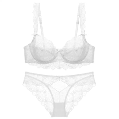 Nuevo conjunto de sujetador de copa B C D E de talla grande, ropa interior Sexy de encaje ultrafina para mujer, sujetadores y bragas transparentes de verano, lencería 85E 90C 95D