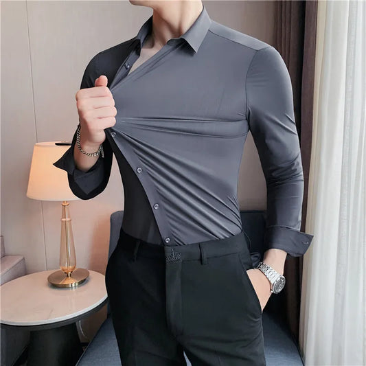Camisa de manga larga sin costuras de alta elasticidad para hombres, camisa informal delgada, camisas de vestir formales de negocios de Color sólido, blusa de fiesta Social