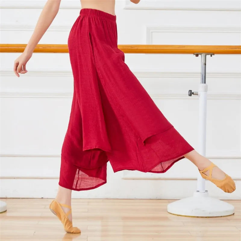 Pantalones de baile clásico de danza folclórica china para mujer, pantalón de pierna ancha suelto, ropa de baile de rima de cuerpo de Hada de 2 capas, abertura lateral, talla grande