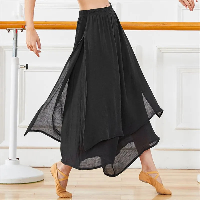 Pantalones de baile clásico de danza folclórica china para mujer, pantalón de pierna ancha suelto, ropa de baile de rima de cuerpo de Hada de 2 capas, abertura lateral, talla grande