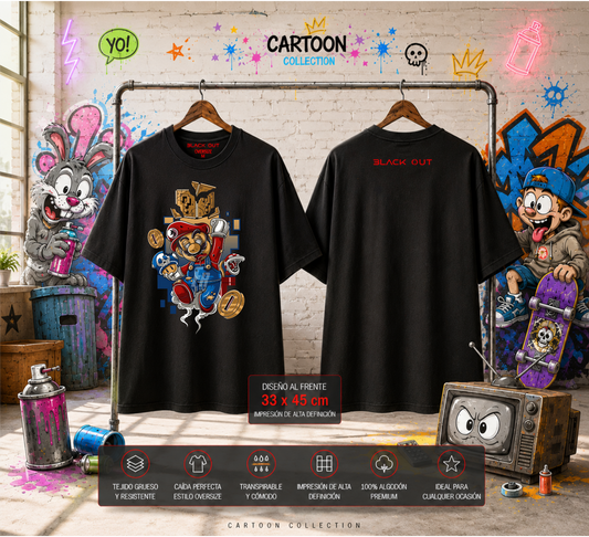 Playera Overside 260gr BLACK OUT Colección Cartoon MARIO