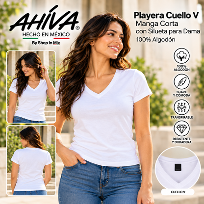 Playera AHÍVA Cuello en V para Dama · 100% Algodón