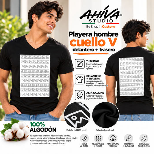 Playera cuello V hombre personalizada  AHÍVA Studio manga corta 100% Algodón delantero + trasero
