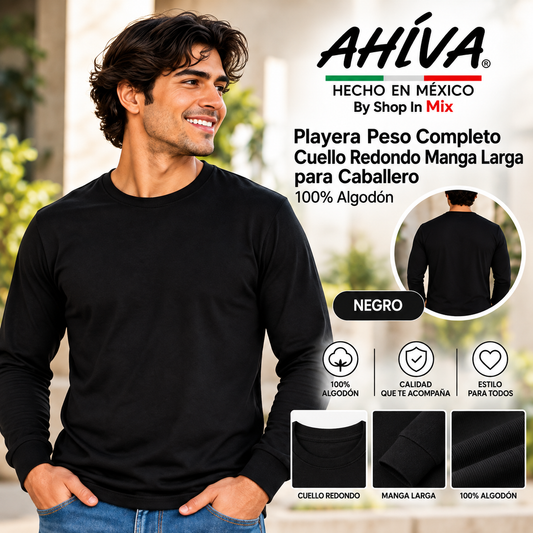 Playera Peso Completo Cuello Redondo Manga Larga para Caballero · 100% Algodón AC304