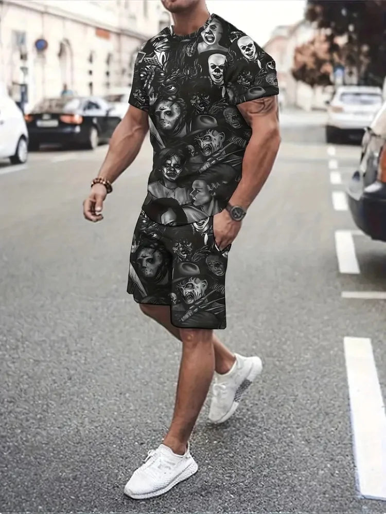 Sencillo de mármol con estampado en 3D, Top y Shorts de cuello redondo para hombres, moda urbana, traje informal de día a día para hombres