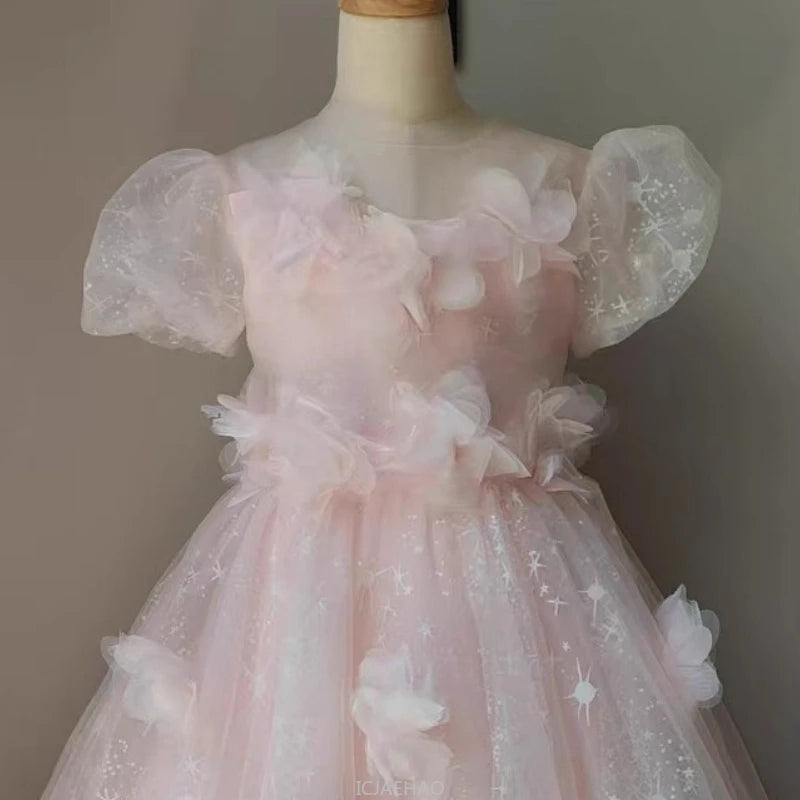 Vestido largo rosa para niñas, vestidos de presentador, ropa para fiesta de cumpleaños, vestido de princesa, disfraz de lujo, traje de actuación de Piano para niños