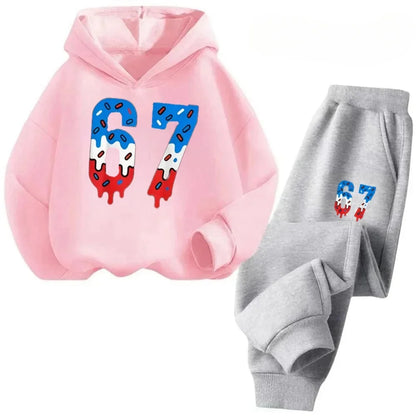 67 conjunto de sudaderas con capucha elegantes para niños de 4 a 13 años, ropa de calle coreana, chándal de bloque, sudadera cómoda a la moda para niños, conjuntos de 2 uds, traje de pantalón