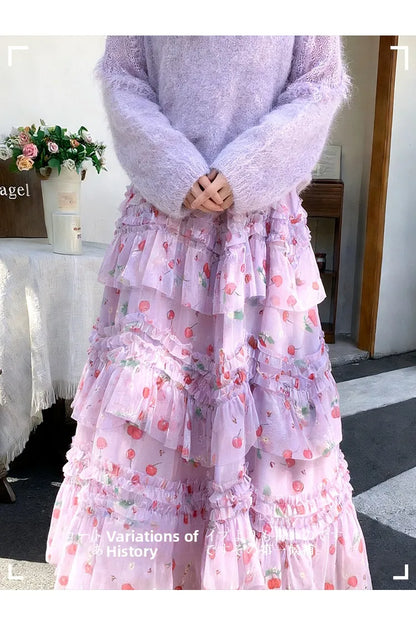 Primavera Verano 2026 Falda Larga de Tul Estampada de Cintura Alta con Empalmes Asimétricos, Falda de Pastel Colorida, Estilo...
