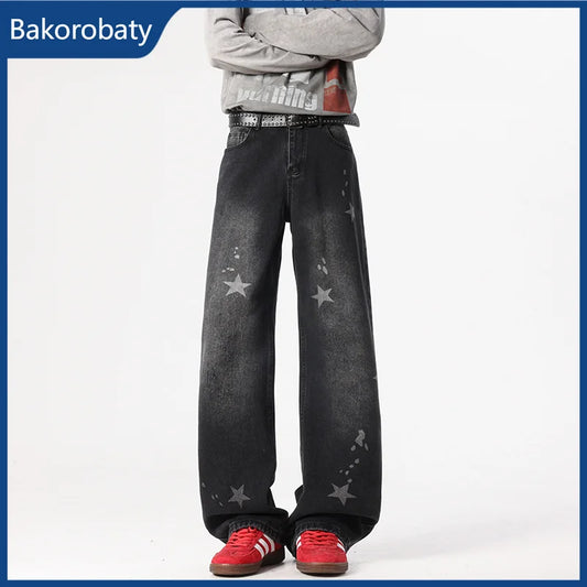 Pantalones Vaqueros Anchos Azules con Estampado de Estrellas para Hombre, Estilo High Street, Rotos, de Pierna Recta, Novedad 2026, Hip Hop Y2K, Vaqueros Urbanos