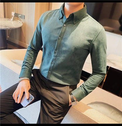 Camisa de ante de alta calidad para hombre, camisas de negocios informales de manga larga para otoño e invierno, blusa de esmoquin para fiesta Social, ropa para hombre 2023