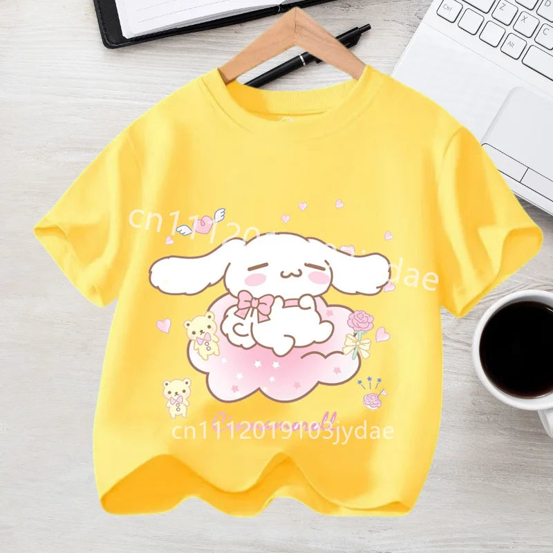 Camiseta de Manga Corta para Niños, Estilo Urbano, Verano 2026, Ropa Casual, Regalo Kawaii, Linda Camiseta de Cinnamoroll para Niña, Camiseta de Algodón con Estampado de Anime